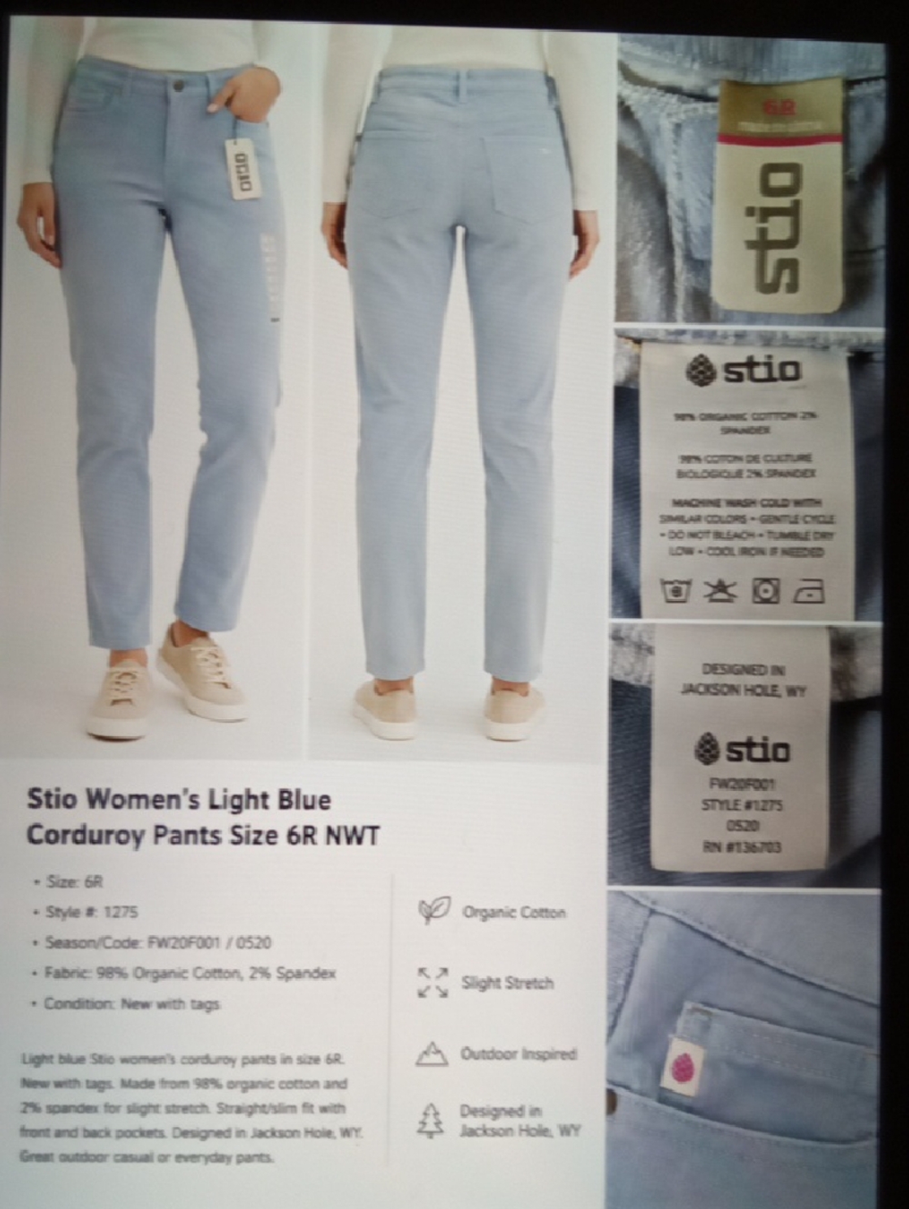Stio Womens Rivet Cords Corduroy Midnight Lupine Organic Cotton 6R